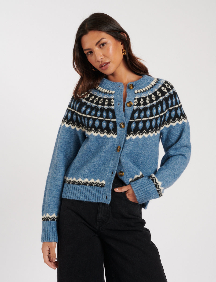 Blue Fair Isle Wool Blend Knitted Cardigan