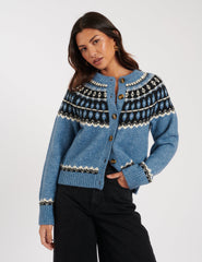 Blue Fair Isle Wool Blend Knitted Cardigan