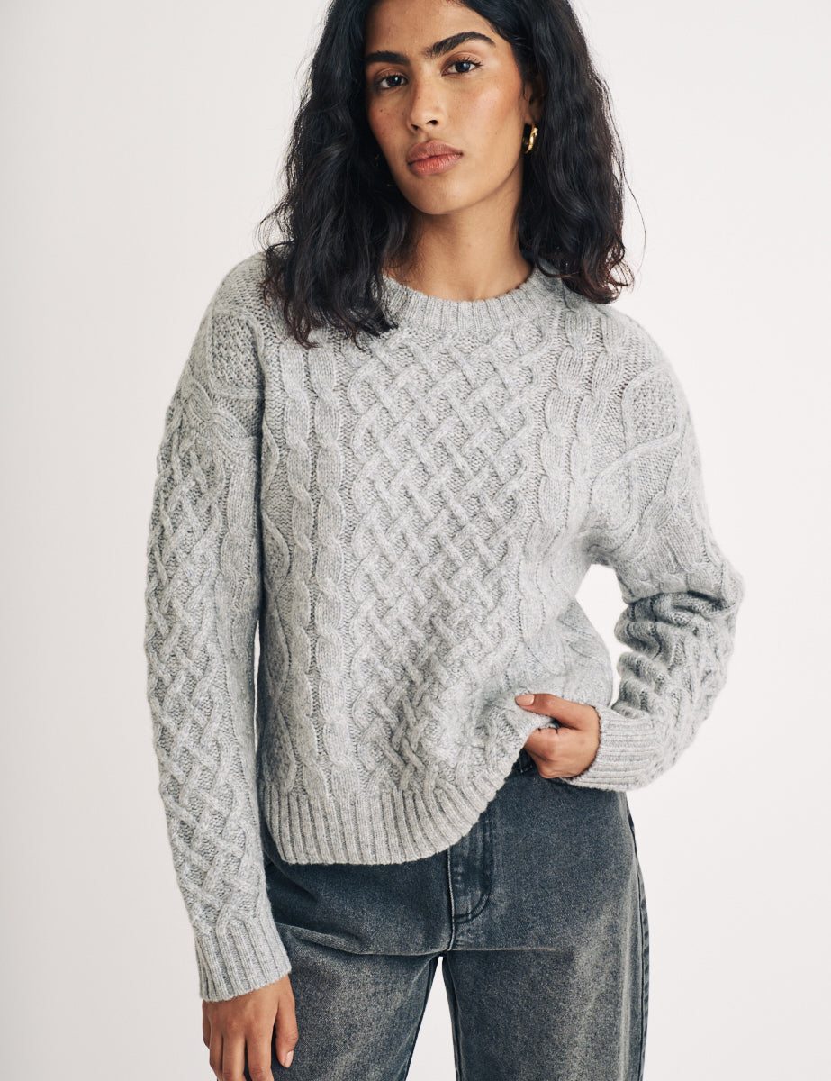 Grey Crew Neck Cable Knit Wool Jumper