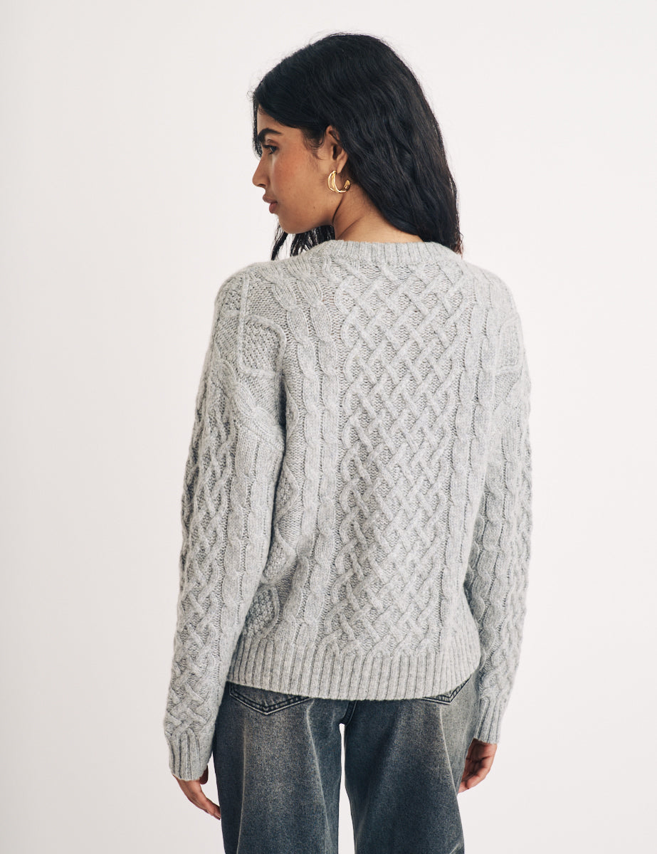Grey Crew Neck Cable Knit Wool Jumper