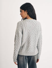 Grey Crew Neck Cable Knit Wool Jumper