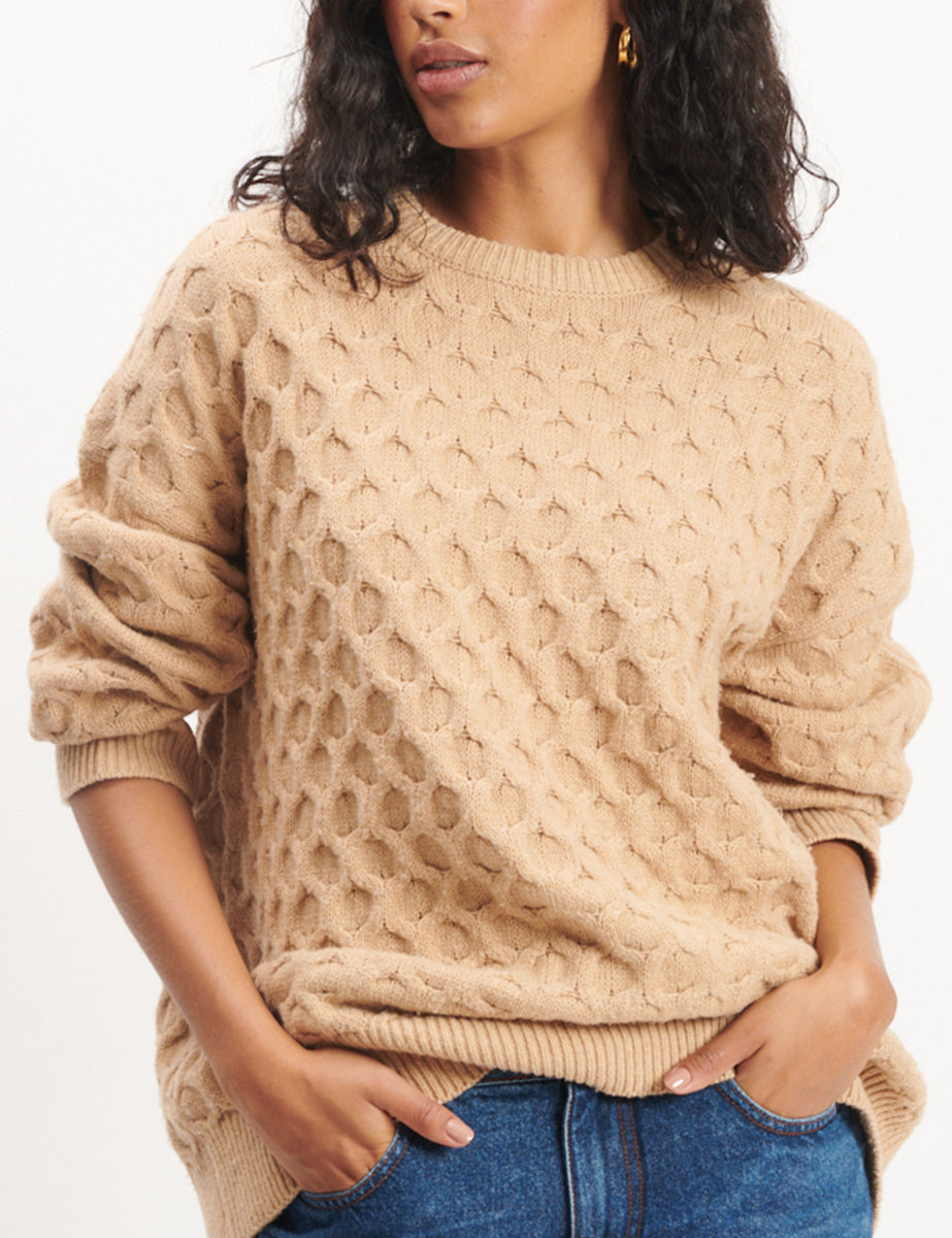 Beige Crew Neck Cable Knitted Jumper