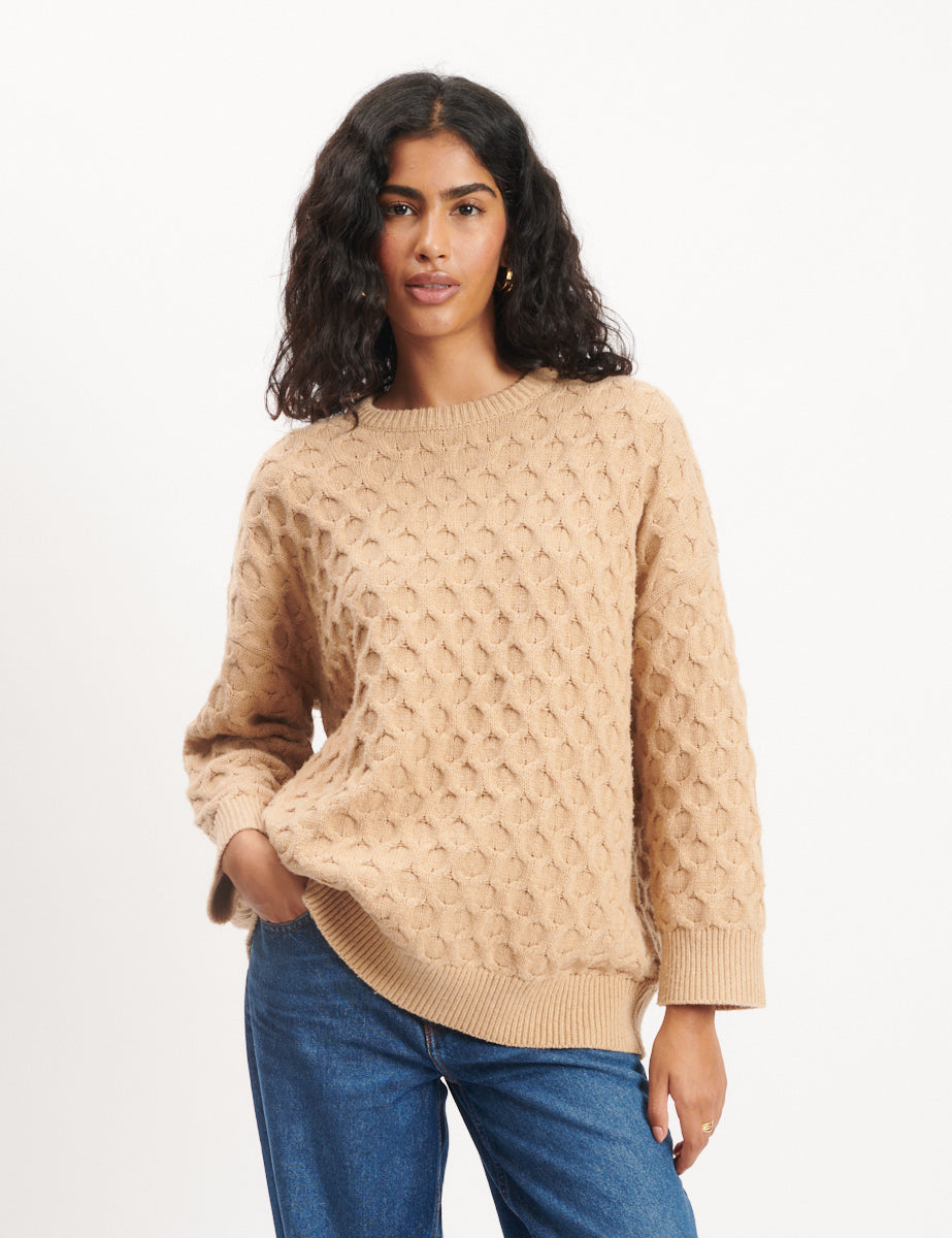 Beige Crew Neck Cable Knitted Jumper