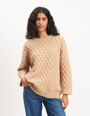 Beige Crew Neck Cable Knitted Jumper