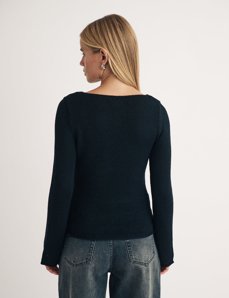 Black Slash Neck Knitted Jumper