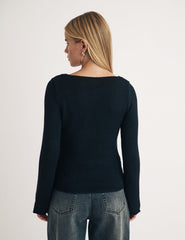 Black Slash Neck Knitted Jumper