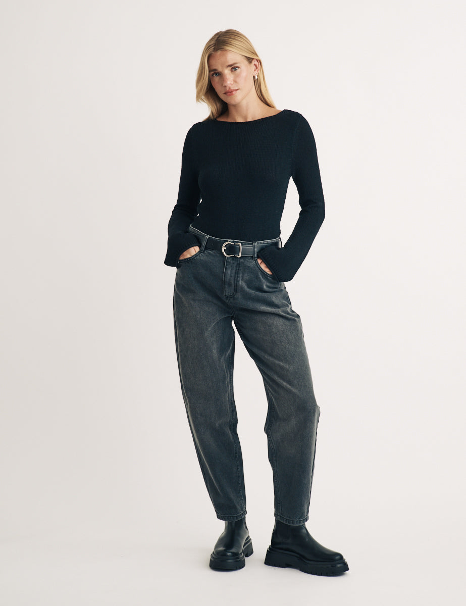 Black Slash Neck Knitted Jumper