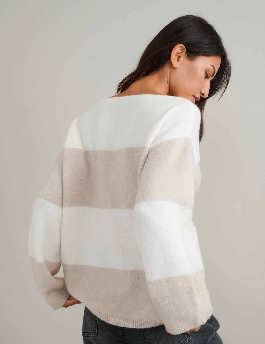 White And Beige Chunky Striped Knitted Jumper