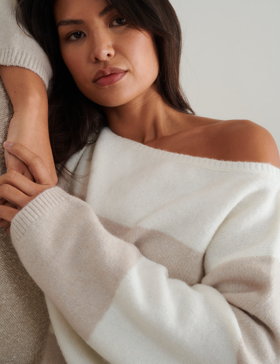 White And Beige Chunky Striped Knitted Jumper