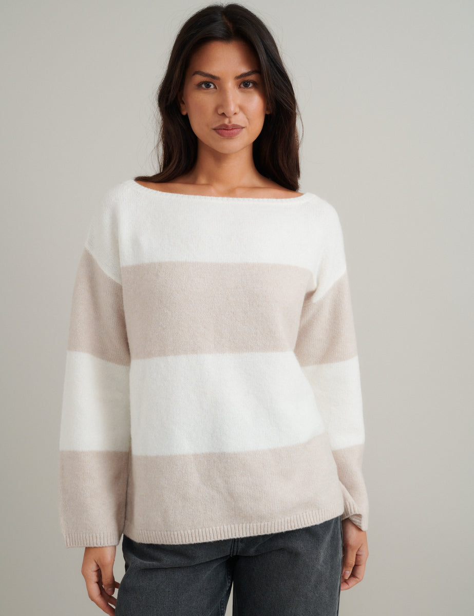 White And Beige Chunky Striped Knitted Jumper