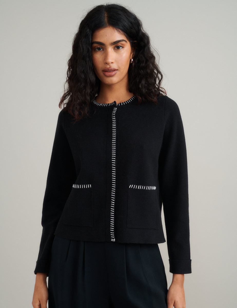 Black Blanket Stitch Crew Neck Cardigan
