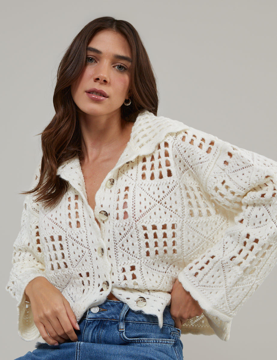Cream Mock Crochet Collared Cardigan