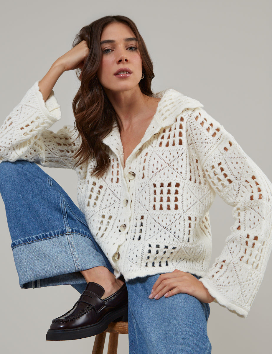 Cream Mock Crochet Collared Cardigan