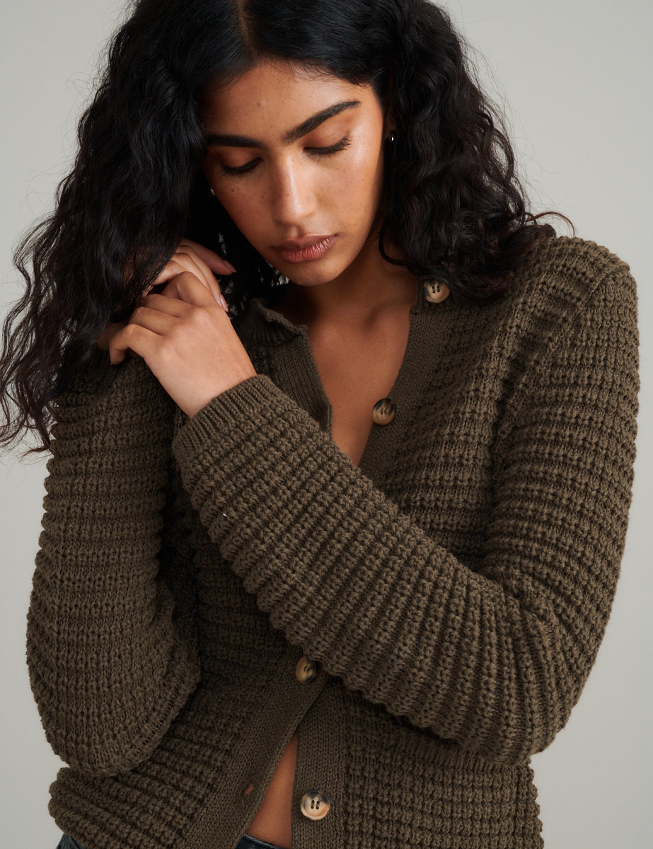 Khaki Textured Knitted Cardigan