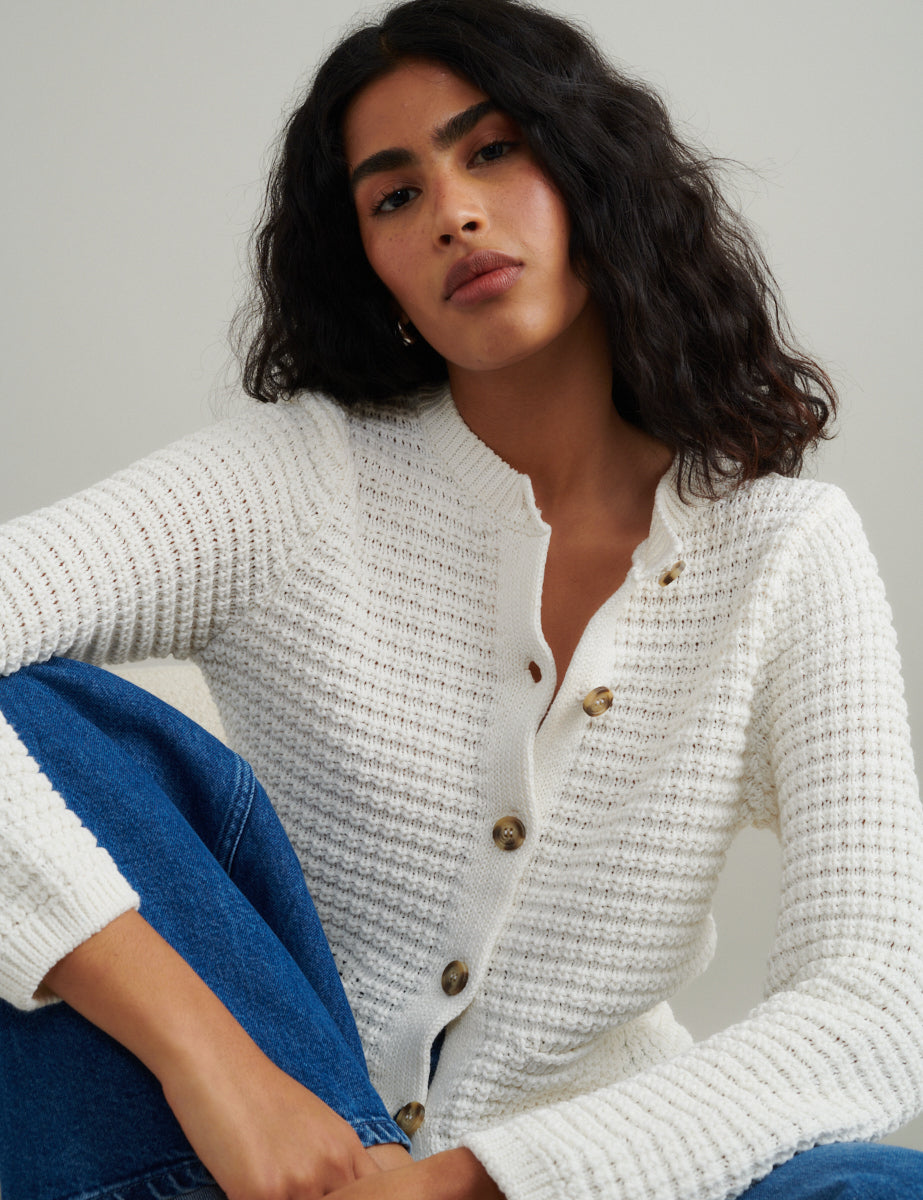 Ivory Textured Knitted Cardigan