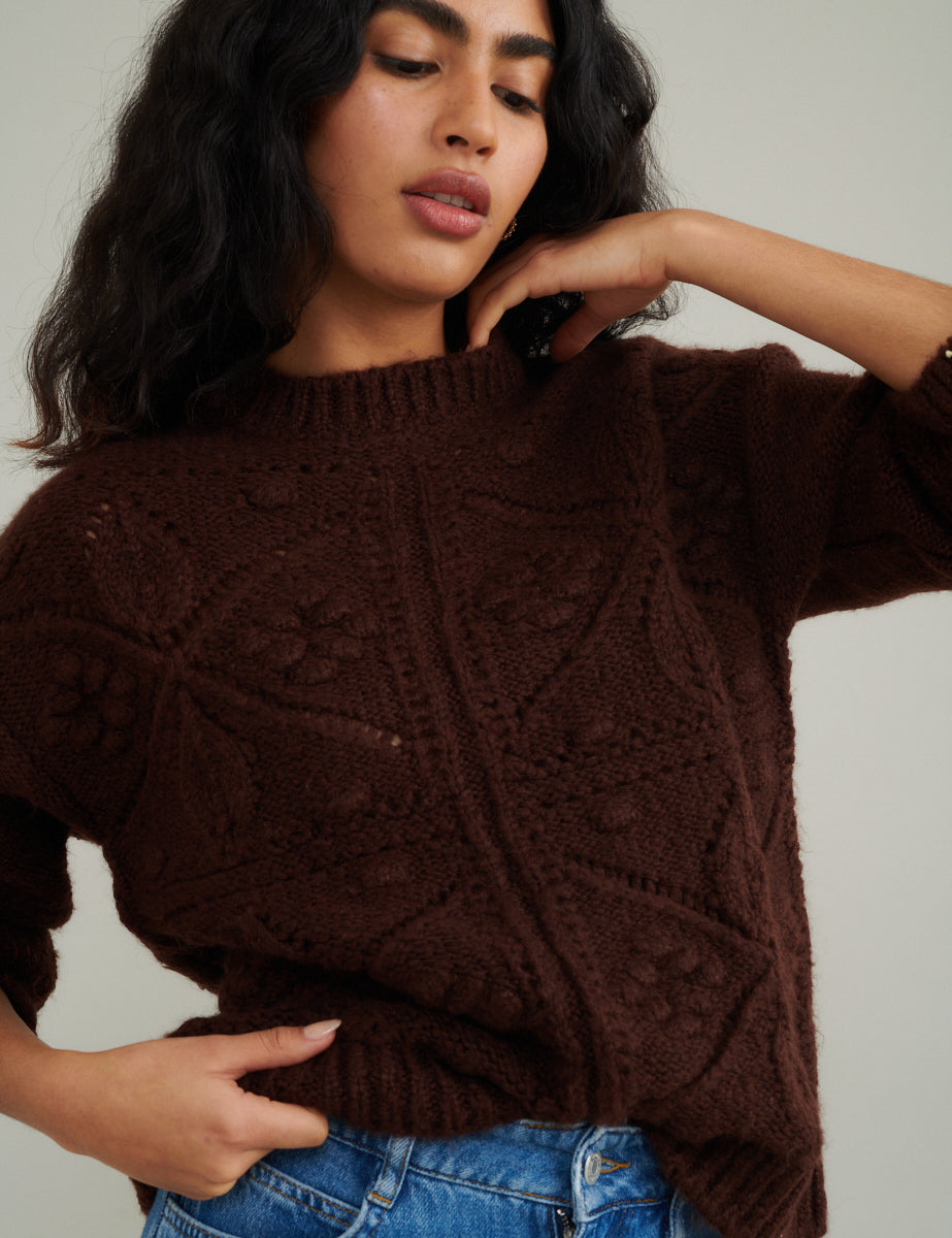 Brown Crew Neck Knitted Jumper