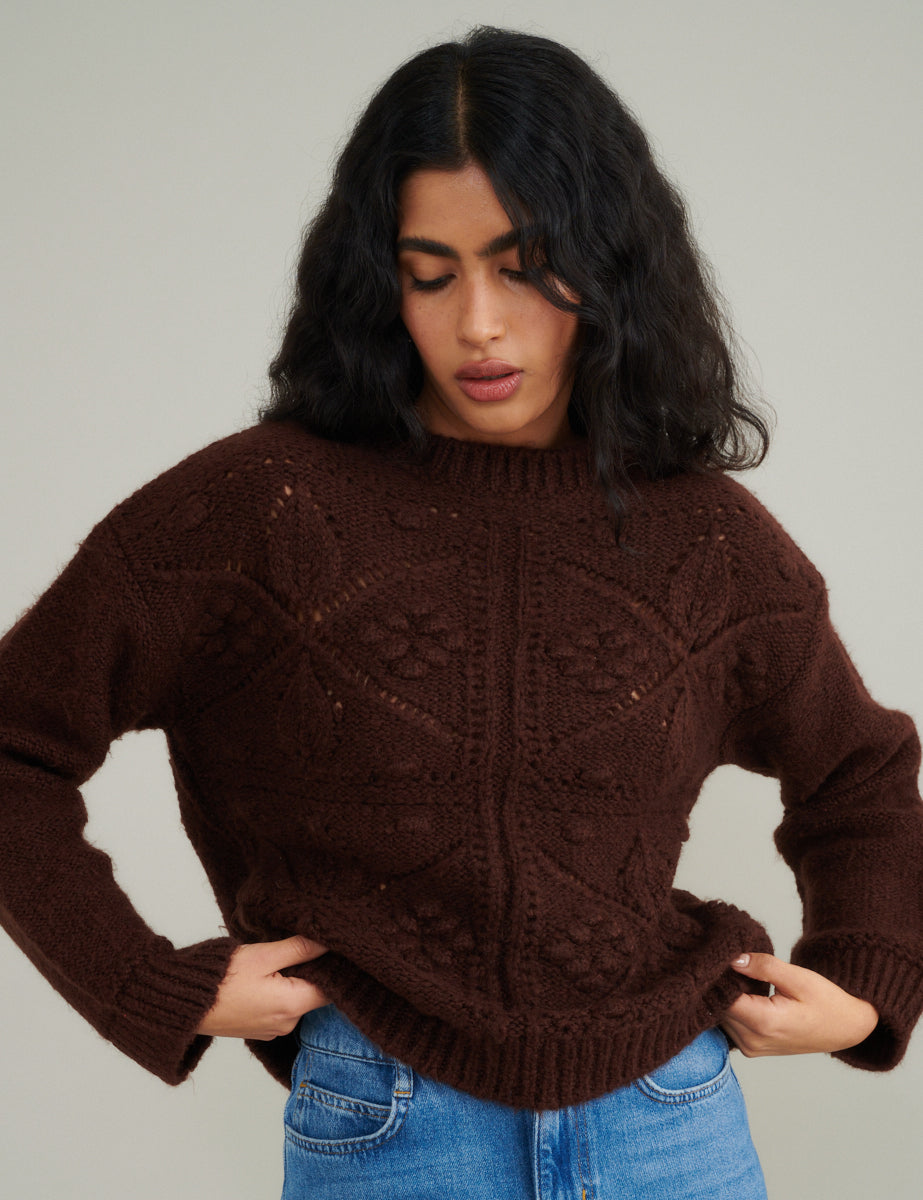 Brown Crew Neck Knitted Jumper