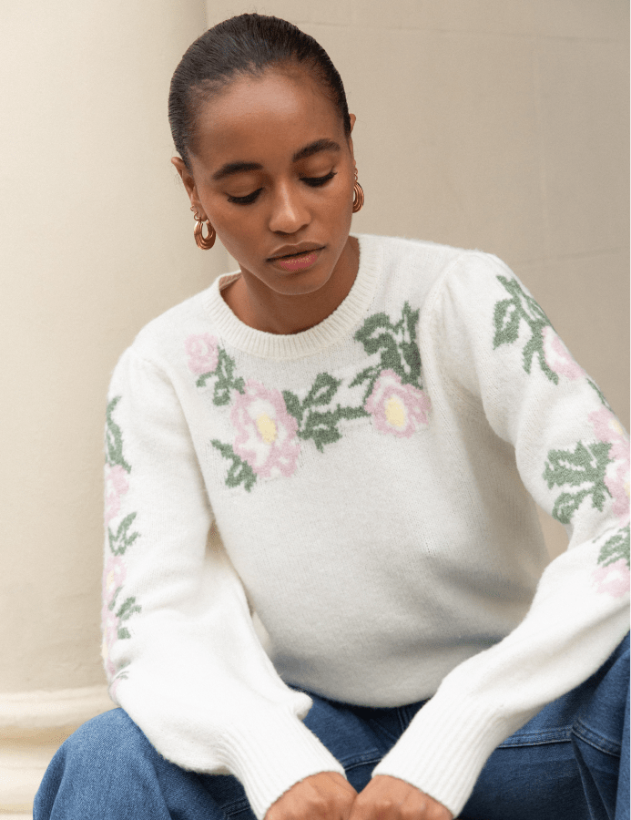 Cream Floral Crew Neck Knitted Jumper