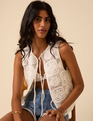 White Crochet Tie Front Waistcoat