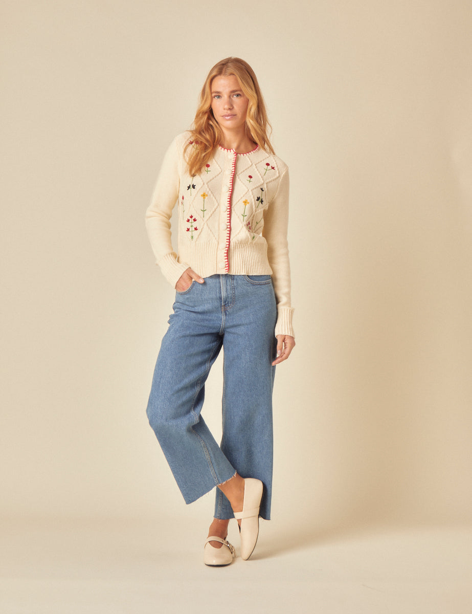 Cream Embroidered Floral Cable Knit Cardigan