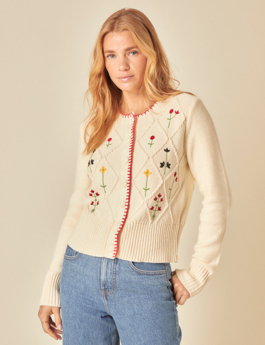 Cream Embroidered Floral Cable Knit Cardigan
