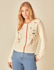 Cream Embroidered Floral Cable Knit Cardigan