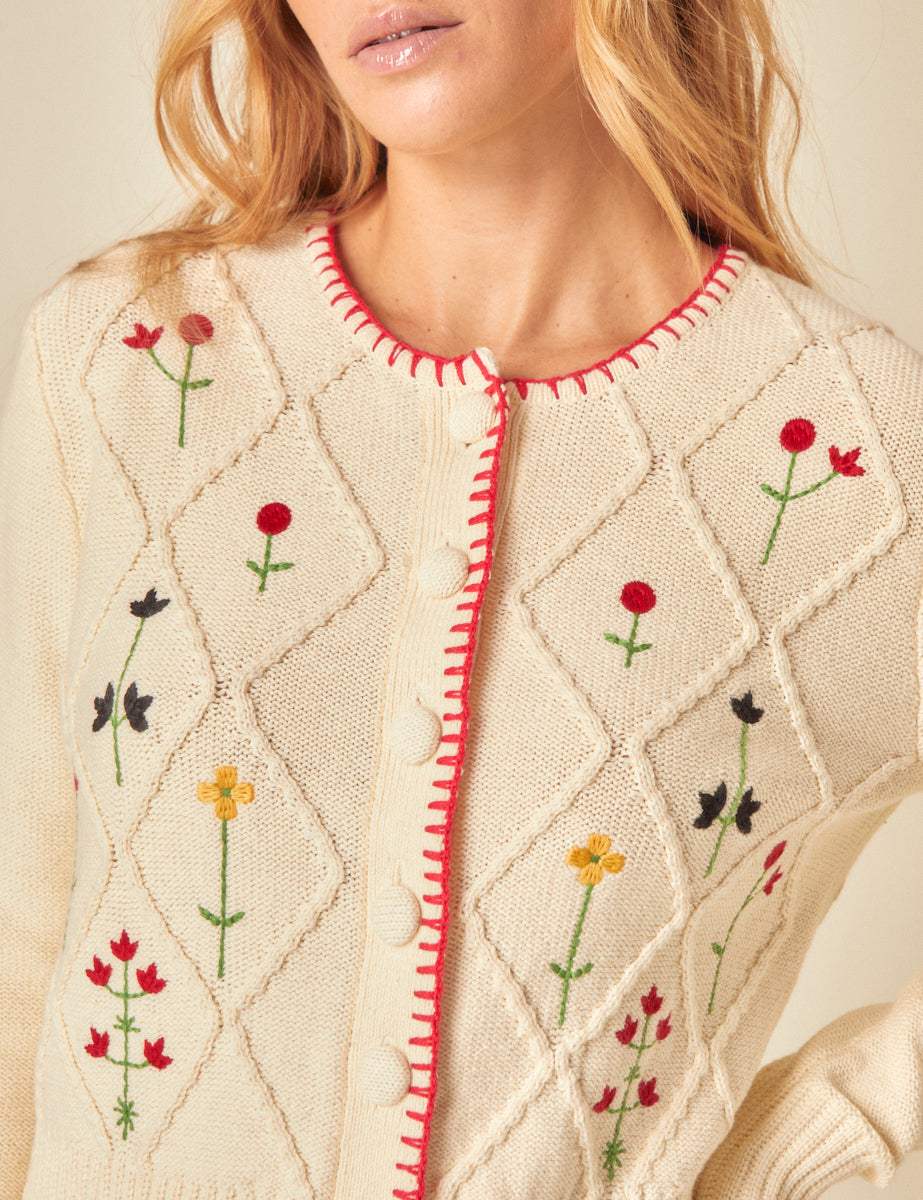 Cream Embroidered Floral Cable Knit Cardigan