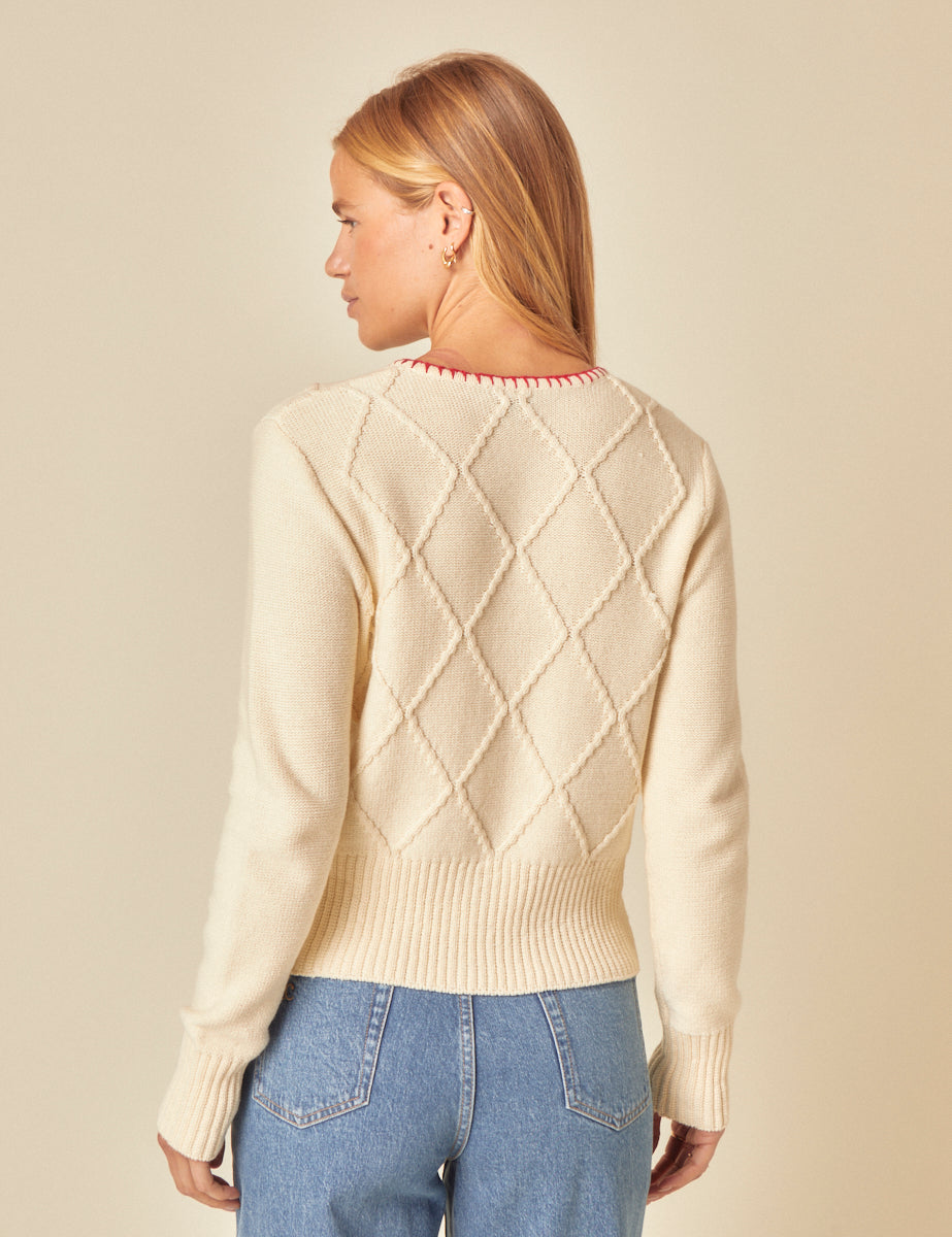 Cream Embroidered Floral Cable Knit Cardigan