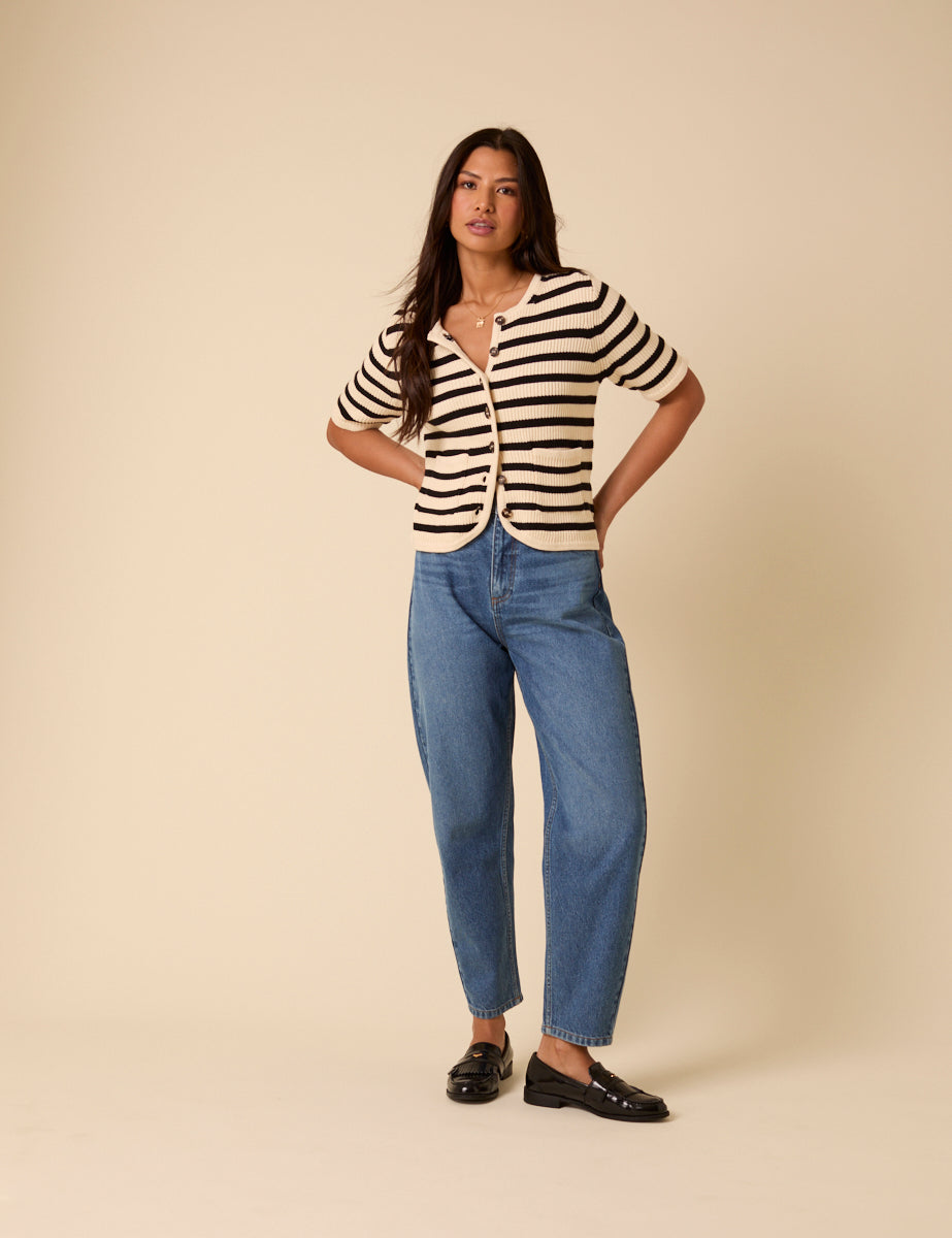 White Striped Short Sleeve Cardigan