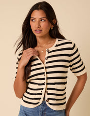 White Striped Short Sleeve Cardigan