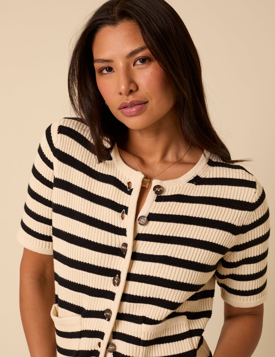 White Striped Short Sleeve Cardigan