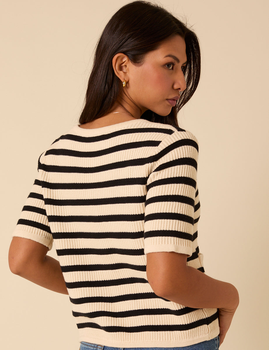 White Striped Short Sleeve Cardigan