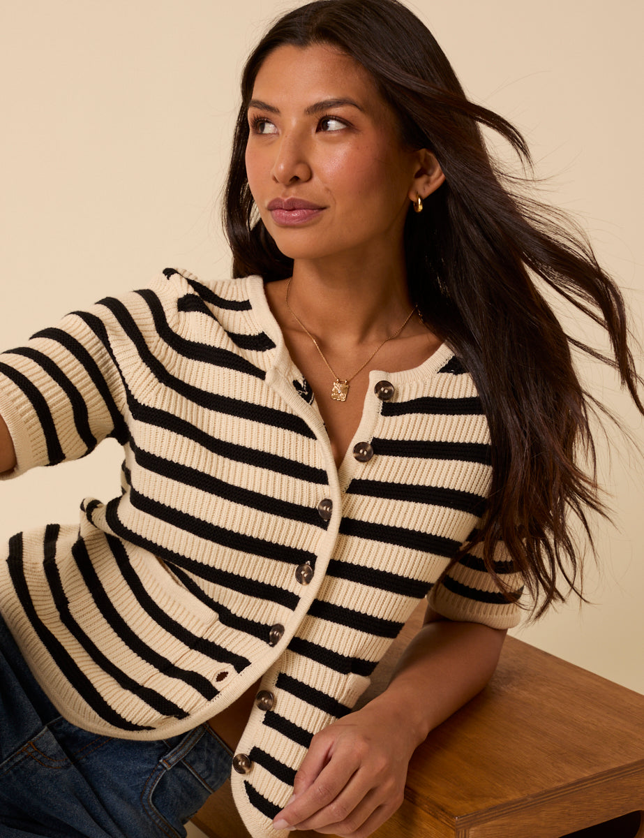 White Striped Short Sleeve Cardigan