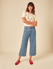 Cream Floral Embroidered Knitted T-Shirt