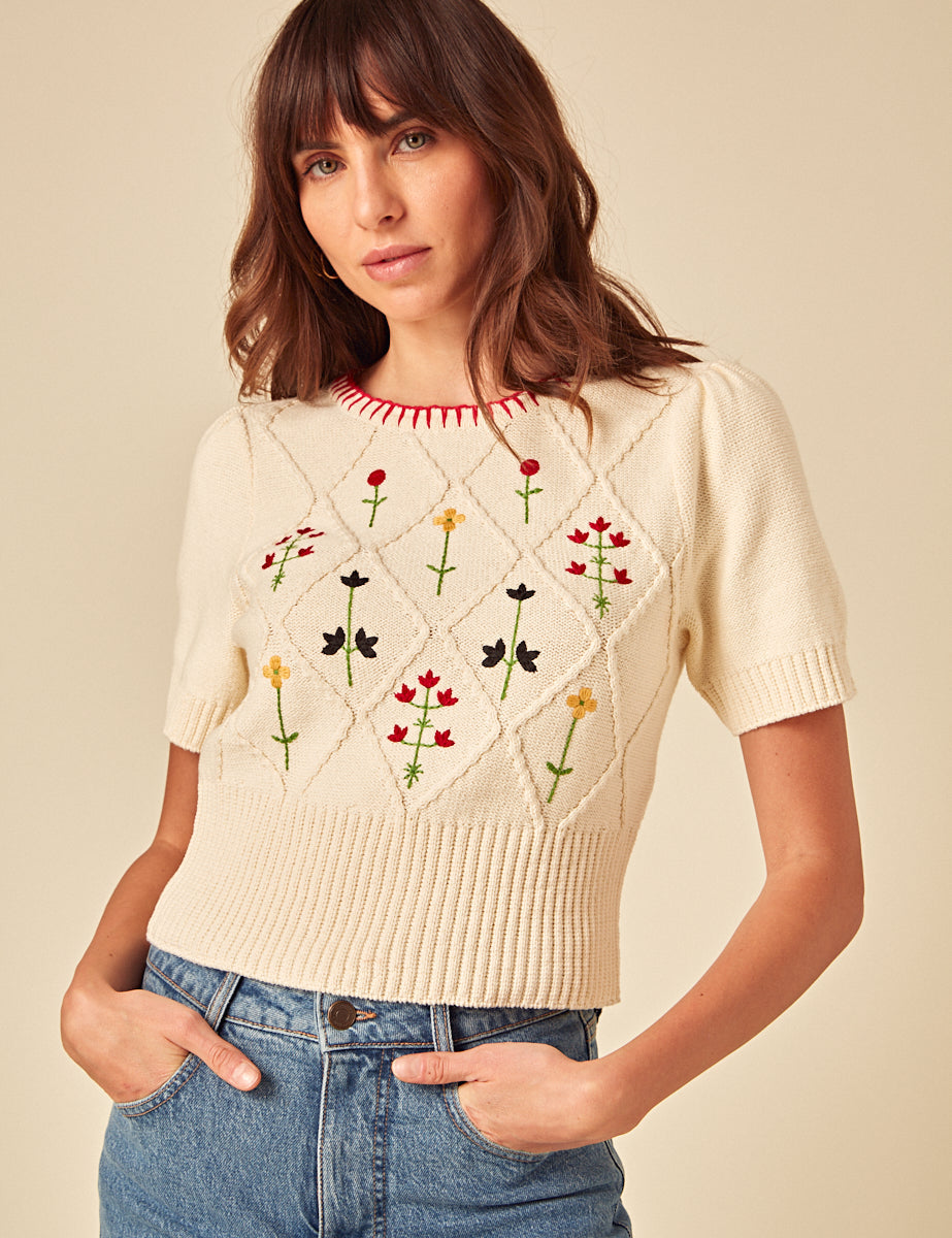 Cream Floral Embroidered Knitted T-Shirt