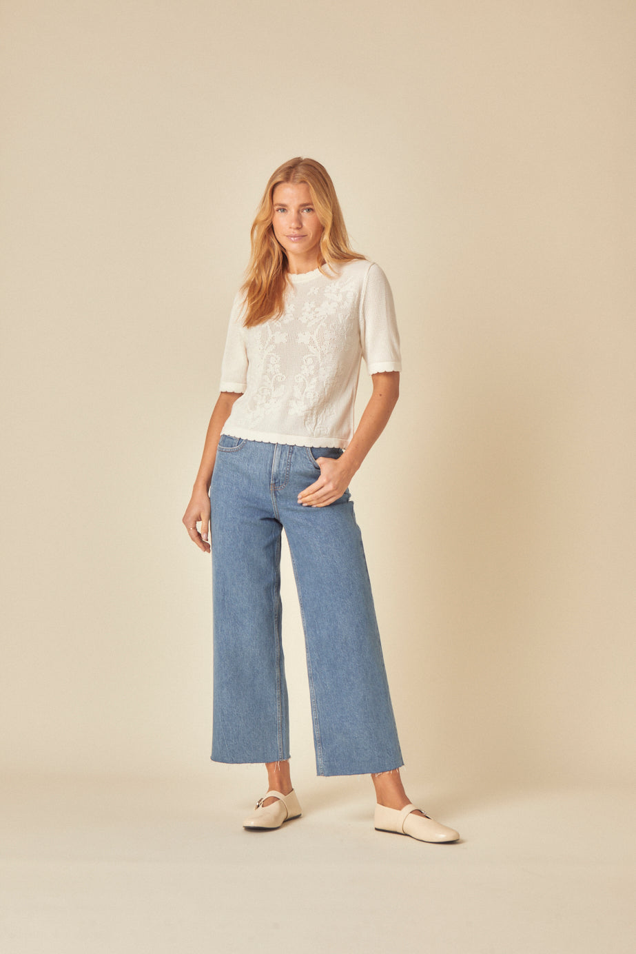 White Floral Pointelle T-Shirt