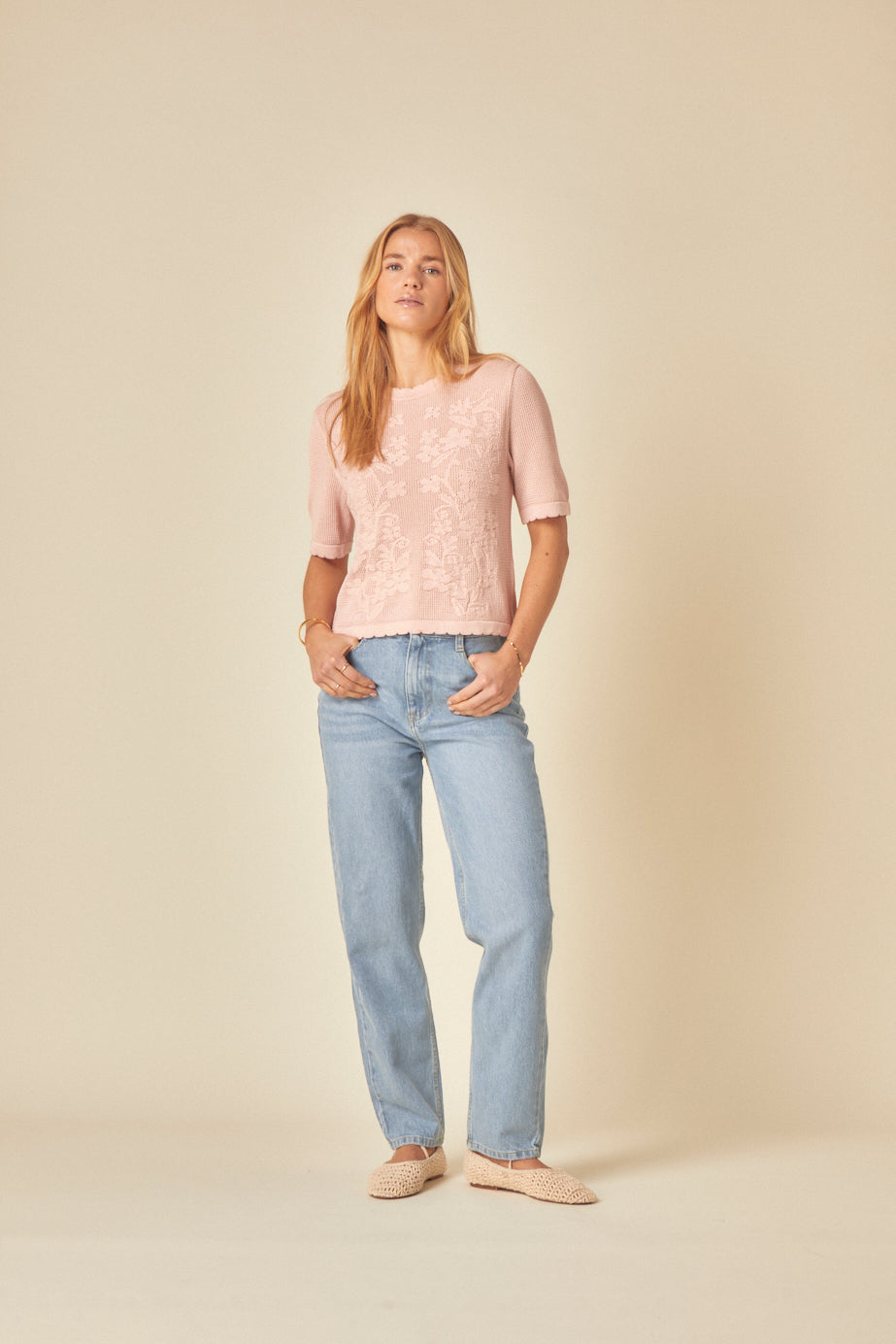 Pink Floral Pointelle T-Shirt