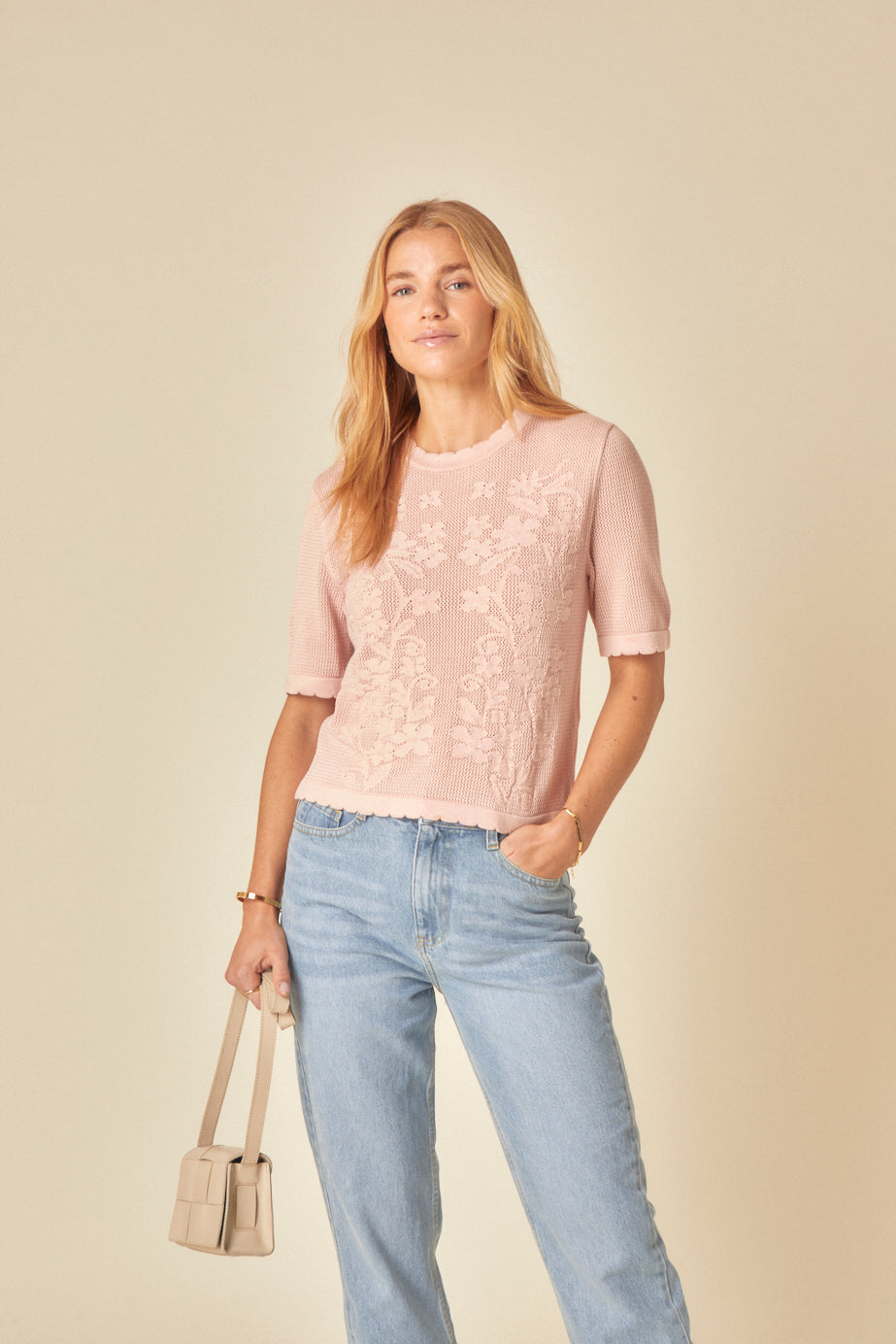 Pink Floral Pointelle T-Shirt