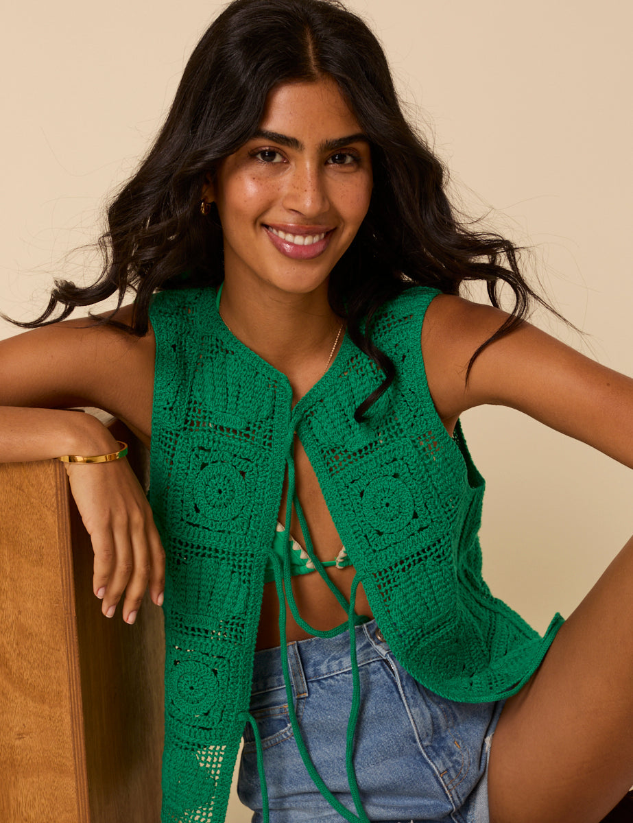 Green Crochet Tie Front Waistcoat