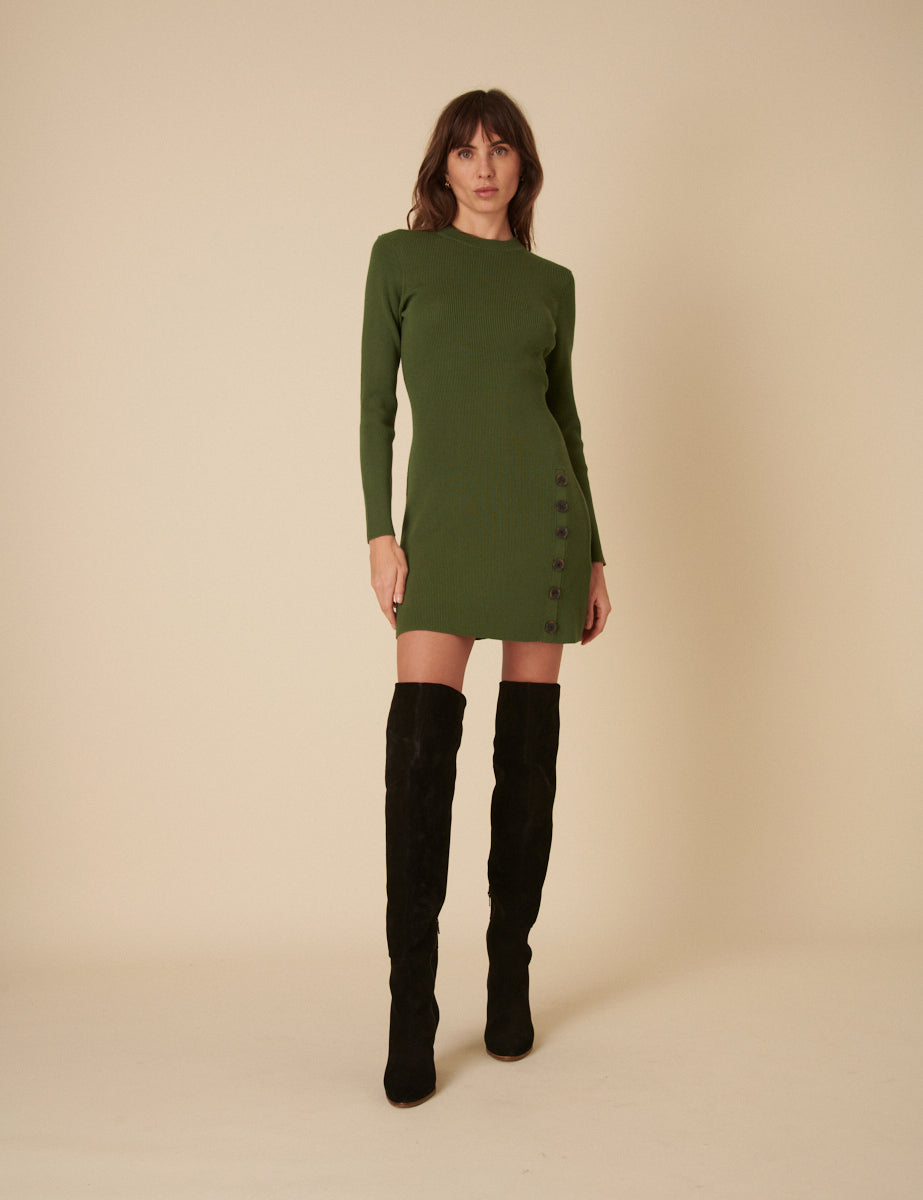 Green Ribbed Long Sleeve Mini Dress