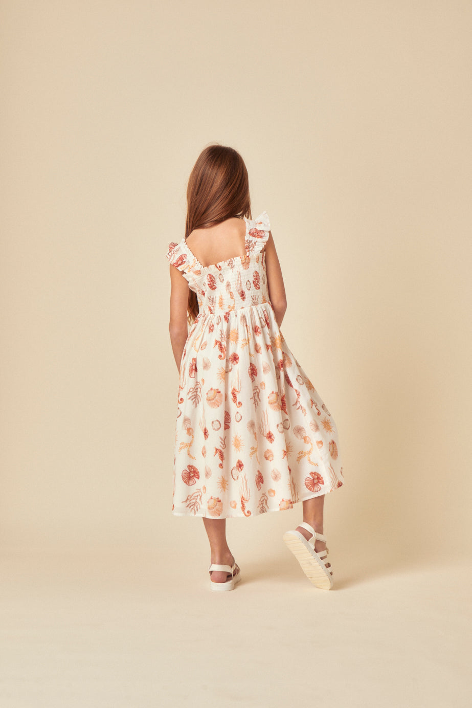 Elizabeth Scarlett Girls White Shell Print Hadley Midi Dress