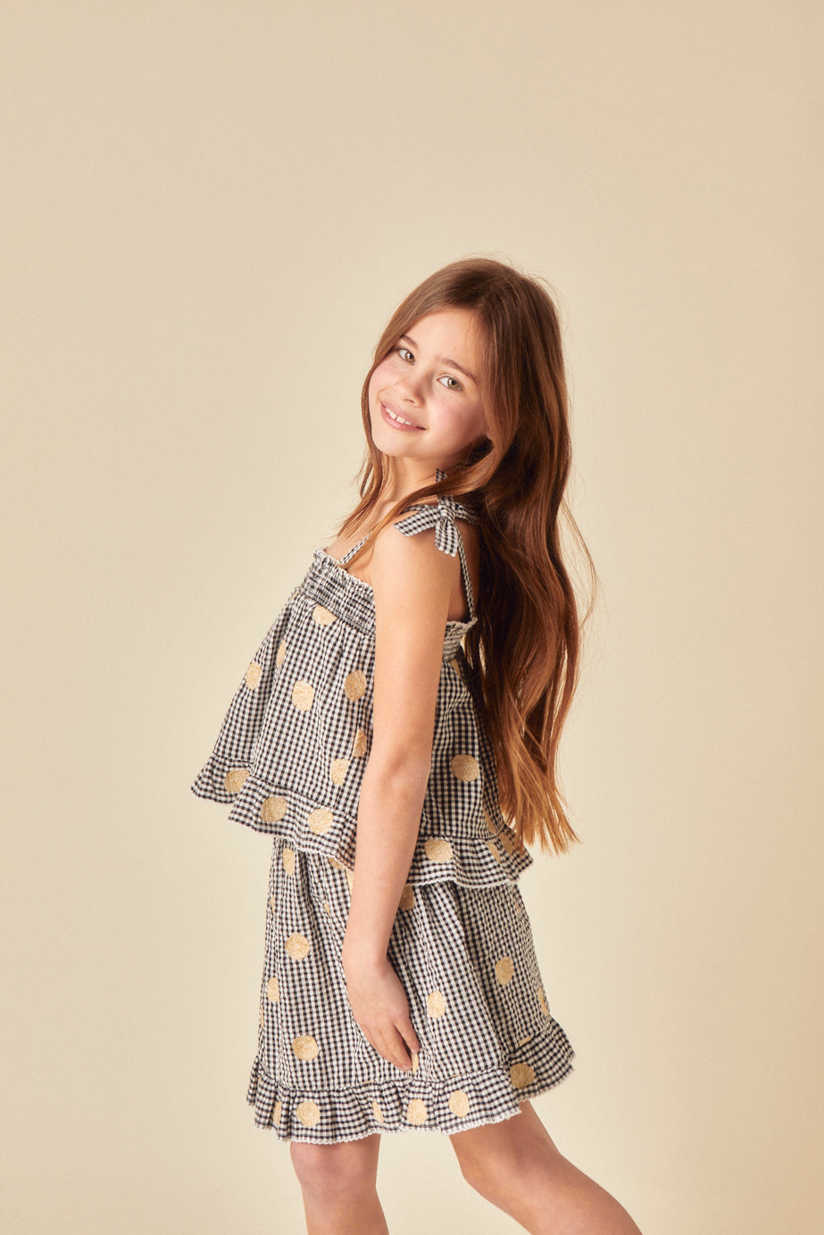 Elizabeth Scarlett Girls Black Gingham Shell Embroidered Skirt