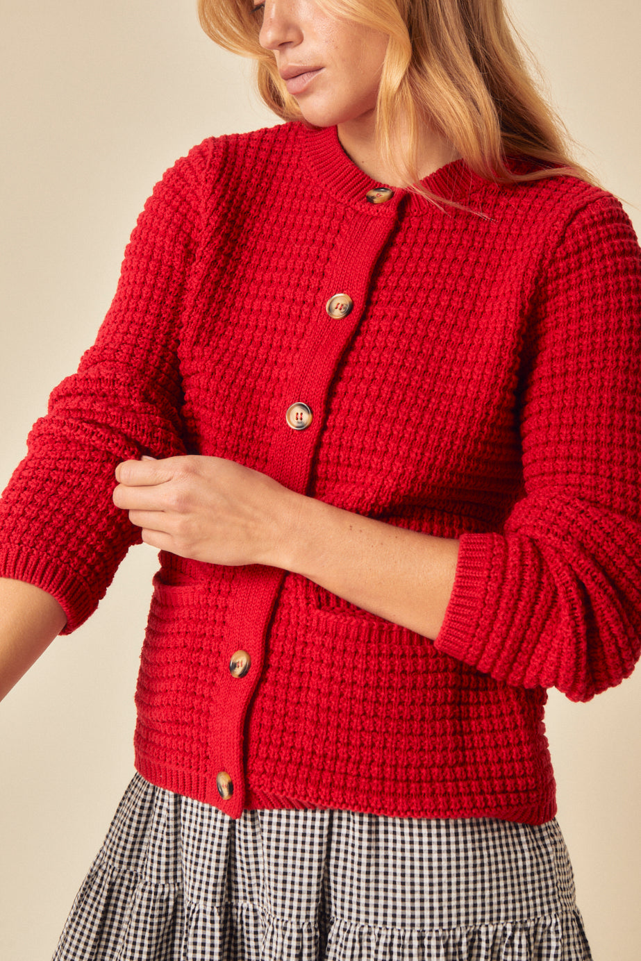 Red Textured Knitted Cardigan