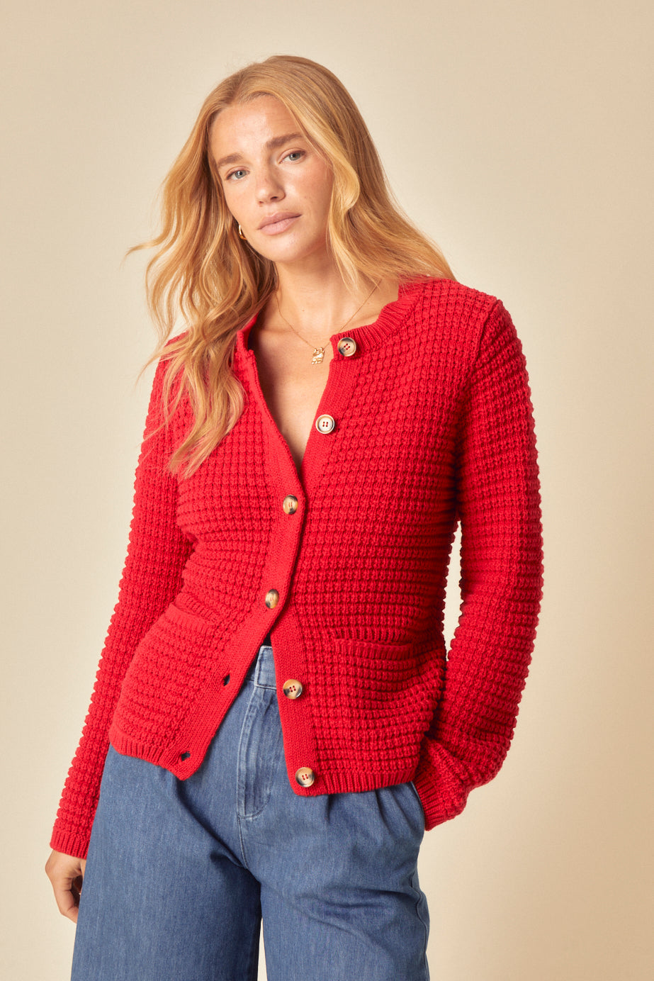 Red Textured Knitted Cardigan