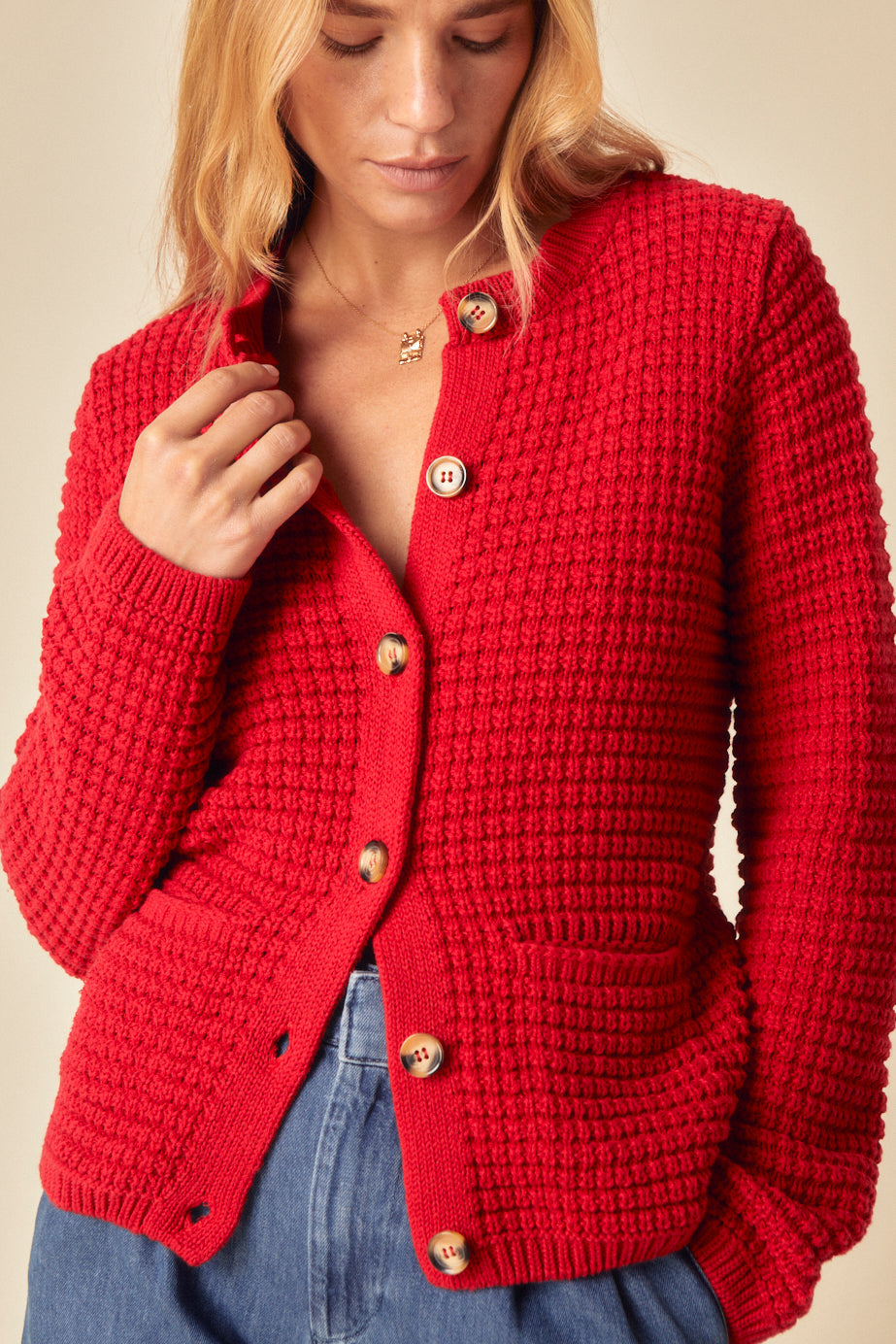 Red Textured Knitted Cardigan