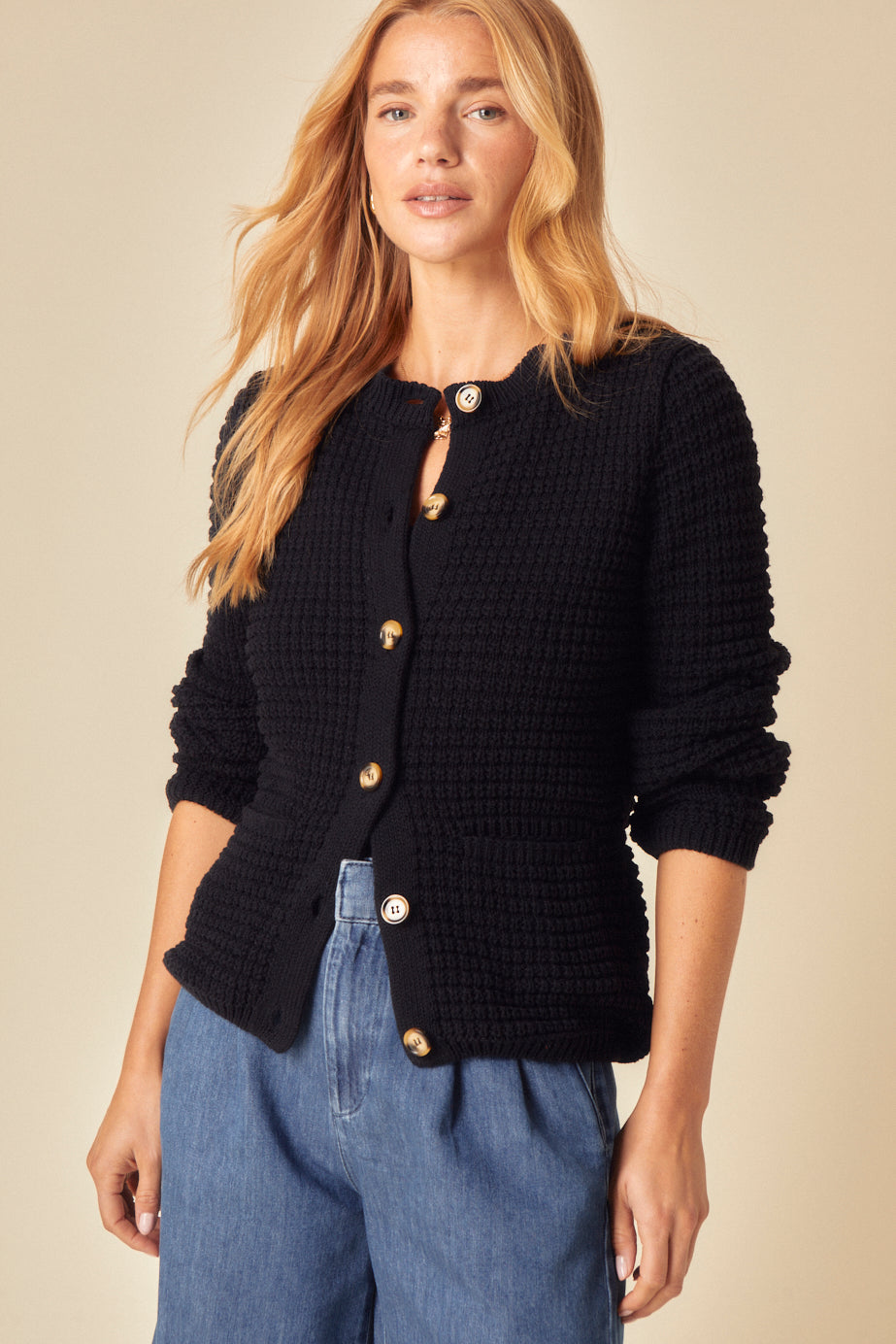 Navy Textured Knitted Cardigan