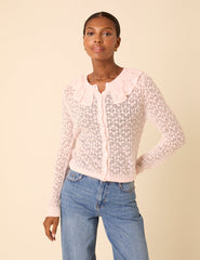Pink Ruffle Collar Lace Cardigan
