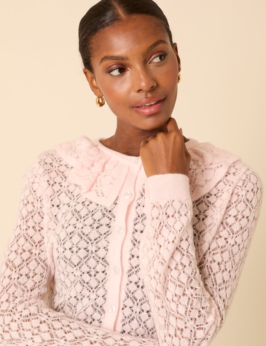 Pink Ruffle Collar Lace Cardigan