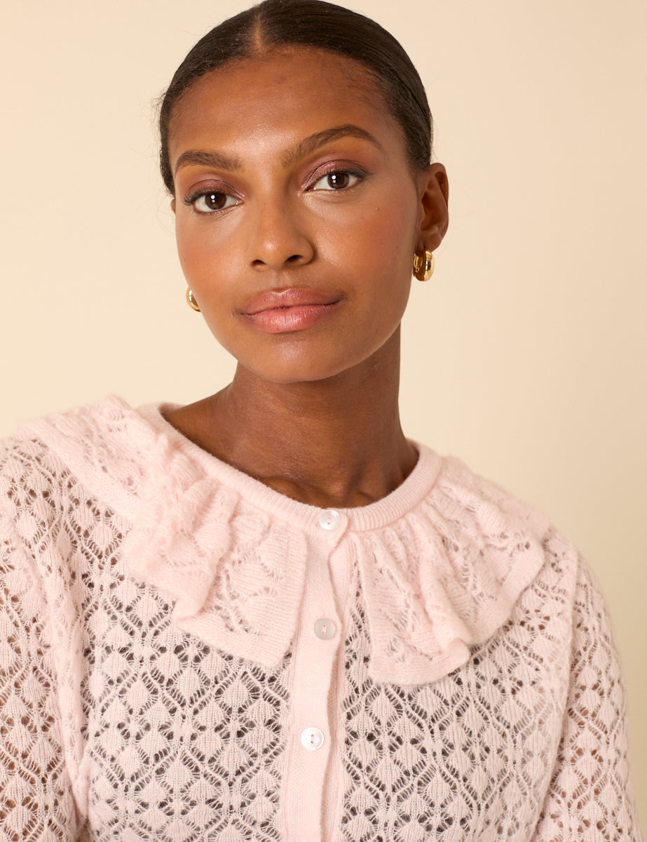 Pink Ruffle Collar Lace Cardigan