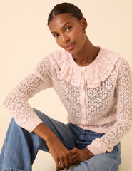 Pink Ruffle Collar Lace Cardigan